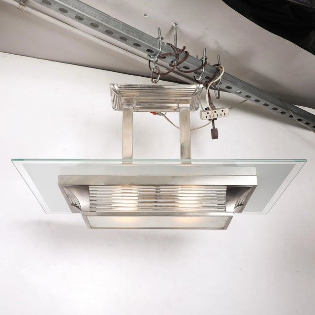 1930s Art Deco Machine Age Silvered Bronze & Glass Rod Chandelier by Petitot For Sale - Image 5 of 15