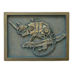 Signed Ceramic Steampunk Mechanical Relief Wall Art of Chameleon Lizard