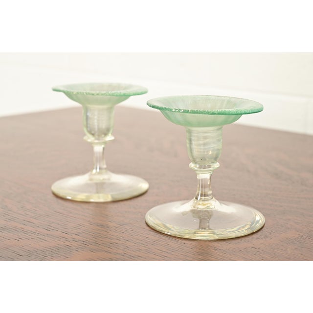 Art Deco Louis Comfort Tiffany Favrile Pastel Iridescent Art Glass Candlesticks, Pair For Sale - Image 3 of 11