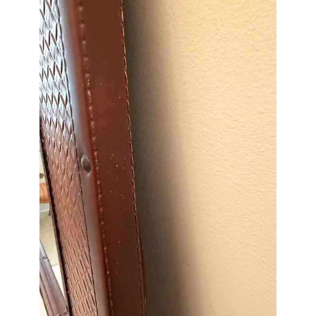 Animal Skin Vintage Ralph Lauren Style Equestrian Cognac Leather Beveled Mirror With Basketweave & Nailhead Detail For Sale - Image 7 of 9