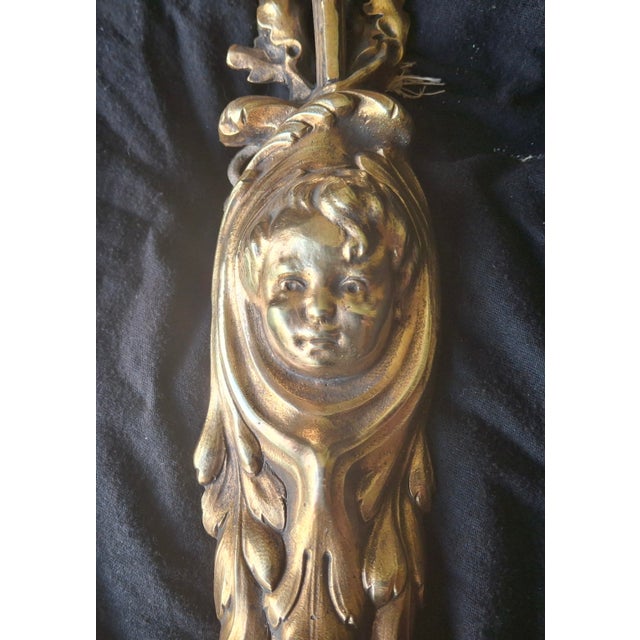 French 19thc French Art Nouveau Gilt Bronze "Beautiful Baby Face" Sconce With Designer Art Glass Period Shade For Sale - Image 3 of 18