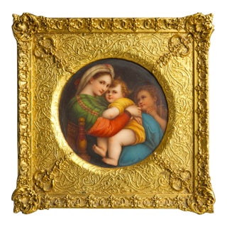 Antique KPM-Style Porcelain Plaque, Madonna Della Sedia After Raphael, Signed Spitz, Giltwood Frame For Sale