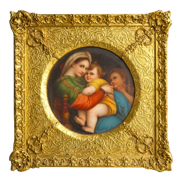 Antique KPM-Style Porcelain Plaque, Madonna Della Sedia After Raphael, Signed Spitz, Giltwood Frame For Sale