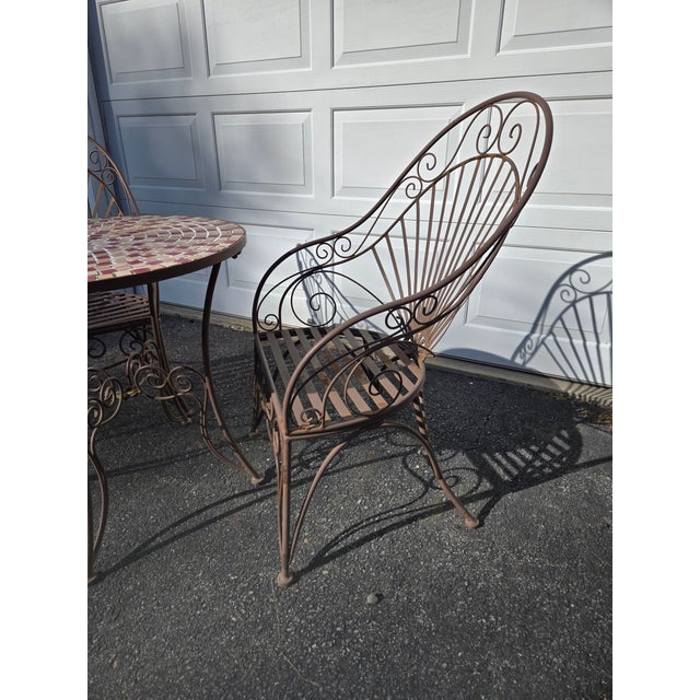 John Salterini Vintage Wrought Iron Outdoor Bistro Mosaic Top Iron Table Table Top & 2 Chairs, Attributed For Sale - Image 4 of 12