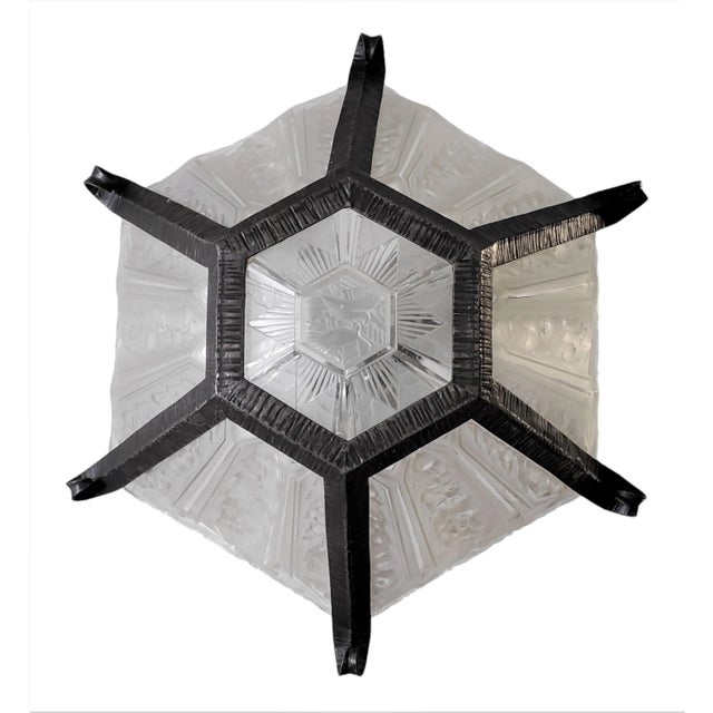 Art Deco Early 20th Century French Art Deco Hand Forged Iron + Glass Chandelier With Scroll + Flowers by Verrerie Des Hanots For Sale - Image 3 of 12