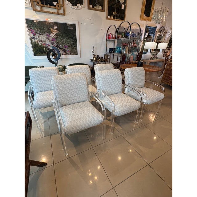 Textile Vintage Set of 6 Lucite Arm Dining Chairs by Preview Newly Upholstered Coastal For Sale - Image 7 of 12
