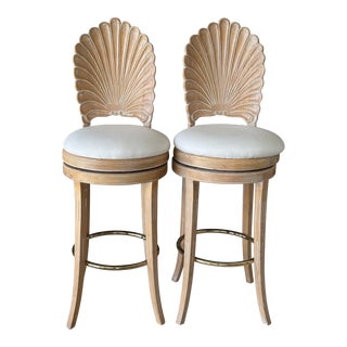 Vintage Coastal Regency Grotto Style Shell Back Bar Stools-Pair For Sale