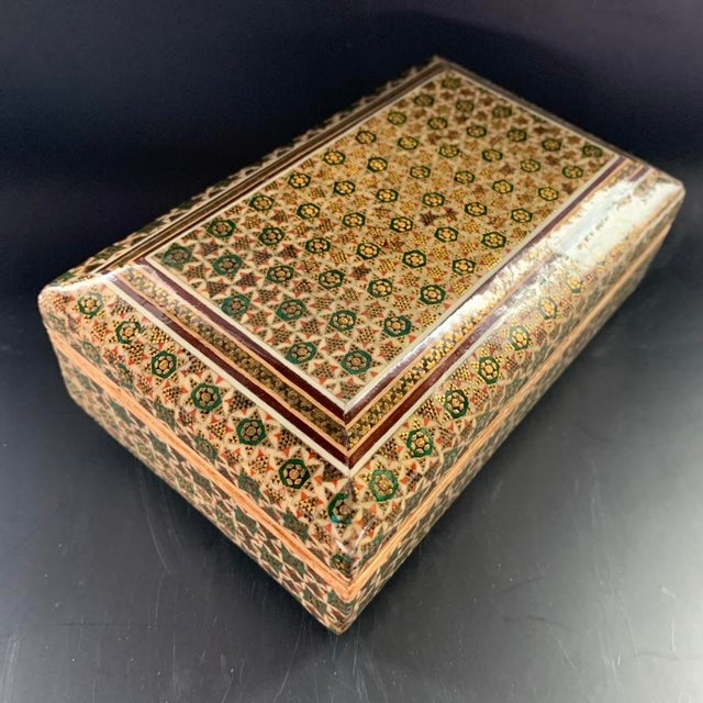 Persian Geometric Inlay Khatamkari Wood Trinket Box Lidded Rectangle For Sale - Image 9 of 10