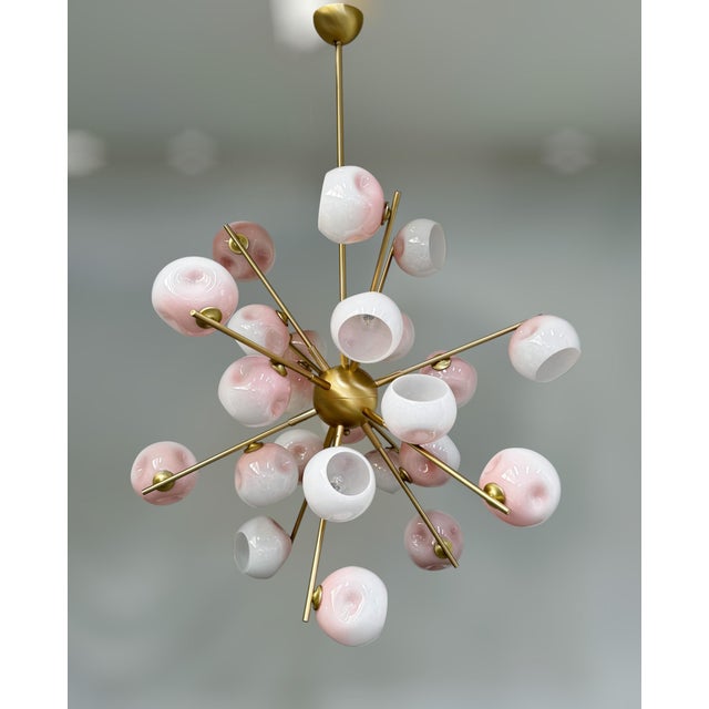 Italian modern sputnik chandelier with twenty four Murano glass shades hand blown in organically squashed shape, in ombre...