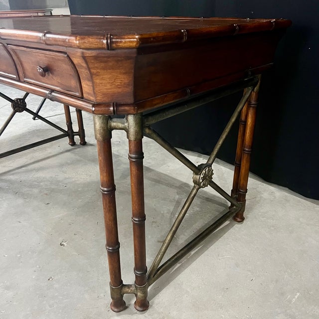 1990s Faux Bamboo Campaign Style Burlwood Desk or Writing Table by Hooker Furniture For Sale - Image 5 of 11