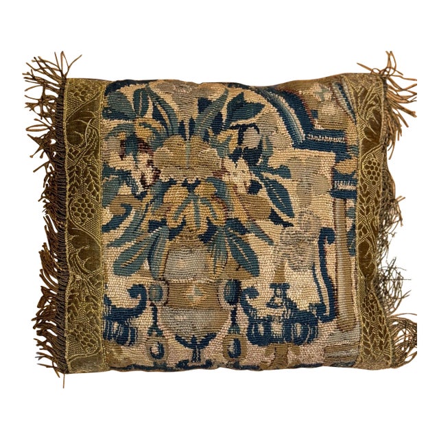 SHAHKAR Antique 17th Century Flemish Verdure Tapestry Pillow with Foliage For Sale