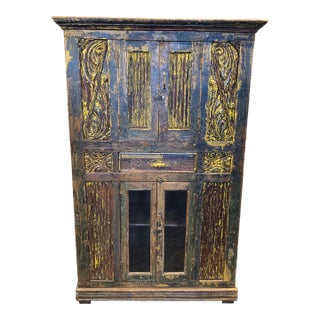 1980s Antique Style Hand-Carved Artisan Armoire / Hutch For Sale