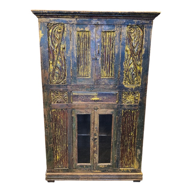 1980s Antique Style Hand-Carved Artisan Armoire / Hutch For Sale