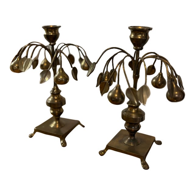 A Pair of 1960s Brass Mottahedeh Pear Tree Candlesticks For Sale