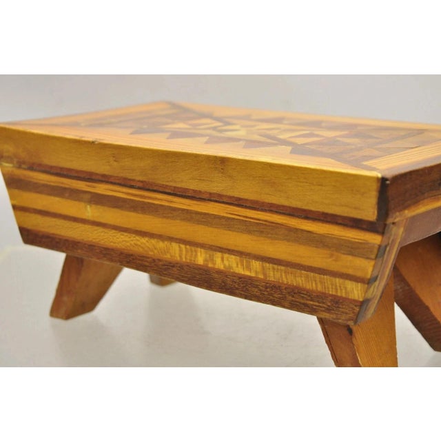 Vintage Folk Art Marquetry Inlay Small Wooden Primitive Footstool Ottoman Stool For Sale - Image 9 of 11