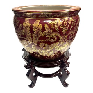 Mid- Century Ceramic Chinese Fish Bowl Planter With Stand For Sale