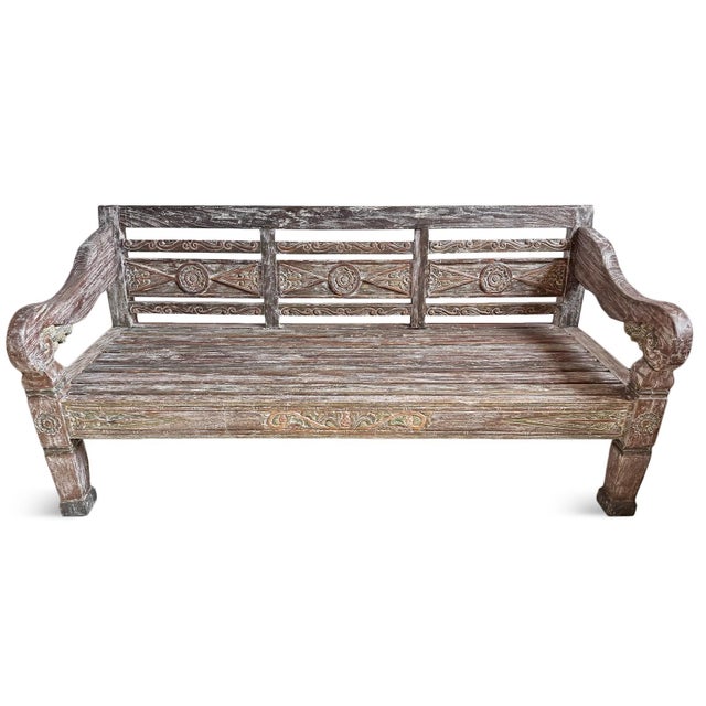 Vintage Washed Teak Carved Outdoor / Indoor Bench For Sale In Los Angeles - Image 6 of 9