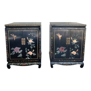 1950s Vintage Asian Black Lacquer Carved Nightstands, a Pair For Sale