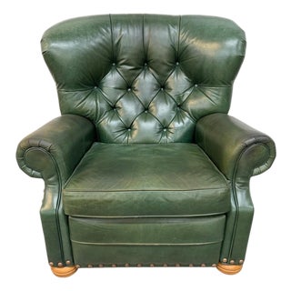 Vintage Ethan Allen Forrest Green Leather Chesterfield Reclining Lounge Chair For Sale