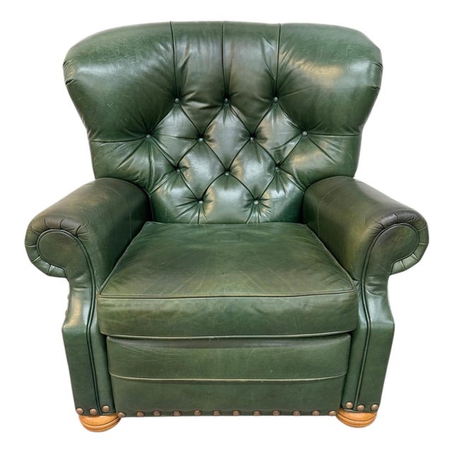Vintage Ethan Allen Forrest Green Leather Chesterfield Reclining Lounge Chair For Sale