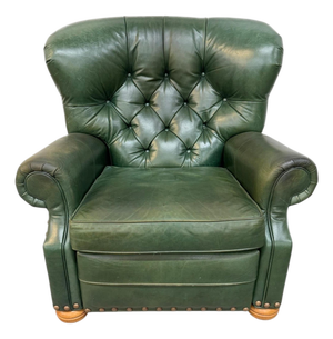 Vintage Ethan Allen Forrest Green Leather Chesterfield Reclining Lounge Chair
