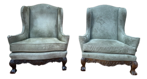 George III Style Wingback Armchairs in Carved Wood, 18th Century, Set of 2