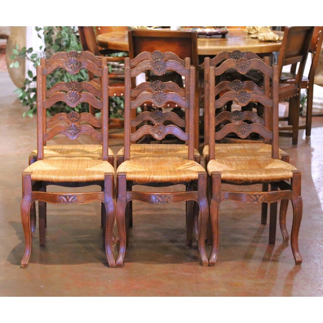 French Early 20th Century French Normandy Oak Rush Seat Dining Chairs, Set of Six For Sale - Image 3 of 11