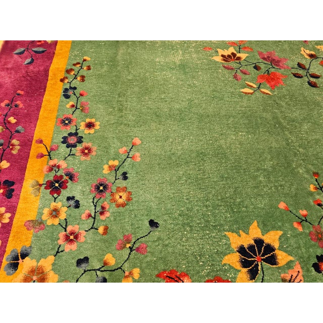 Vintage Art Deco Chinese Rug, Hand-Knotted Wool, Floral Motif, Turquoise & Purple, 9x12 For Sale - Image 18 of 18