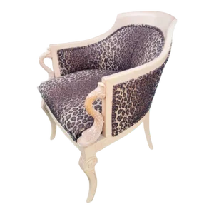 Vintage Koi Fish Arm Carved Wood Leopard Upholstered Blonde Wood Carved Side Arm Chair