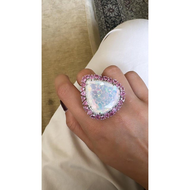 2020s 29.59 Carat Ethiopian Opal, Pink Sapphire & Diamond Cocktail Ring/ Pendant Necklace, Size 6 For Sale - Image 5 of 16
