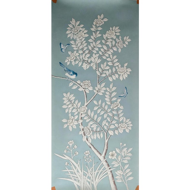 Hand Painted Dusty Blue Chinoiserie Floral & Blue Bird Mural 3-Panel Set For Sale - Image 4 of 5