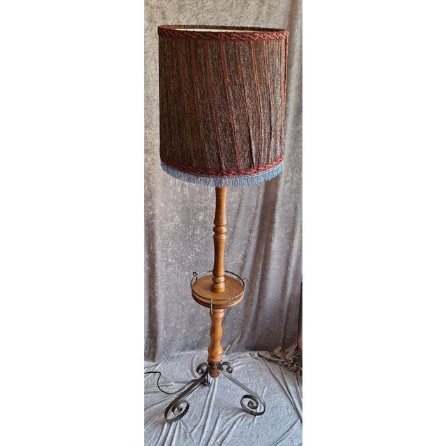 Vintage Floor Lamp with Oak Column, Black Metal Legs and Fabric Shade by Lamplove, 1960s For Sale - Image 4 of 7
