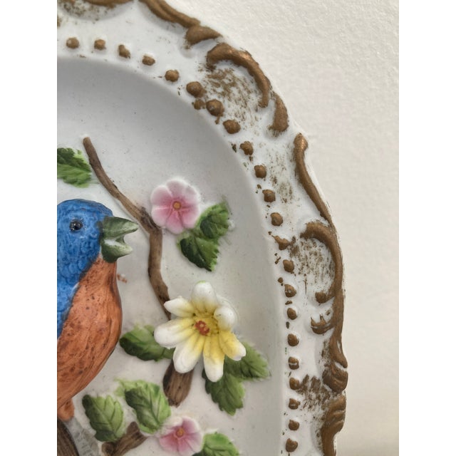Vintage Raised Relief Porcelain Bird Wall Plaque With Floral Motif For Sale - Image 9 of 11