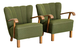 Scandinavian Modern Lounge Chairs in Green Wool, 1940s, Set of 2