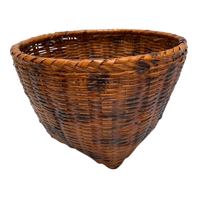 Vintage Rustic Tobacco Brown Wood Storage Basket For Sale