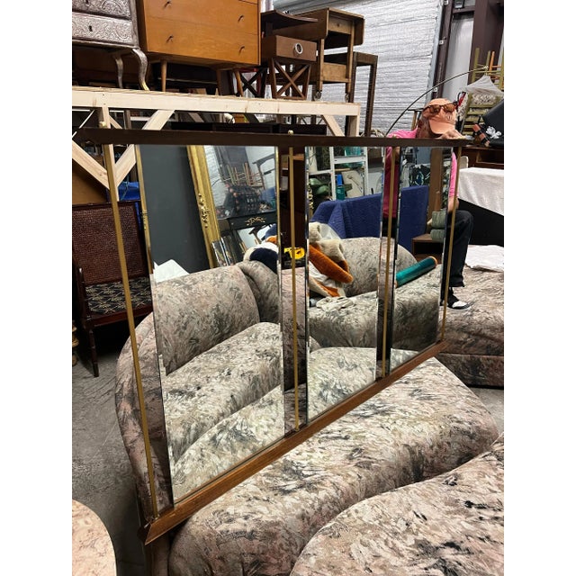 Mid-Century Modern Monumental Brass and Walnut 3 Panel Beveled Wall Mirror For Sale - Image 11 of 11