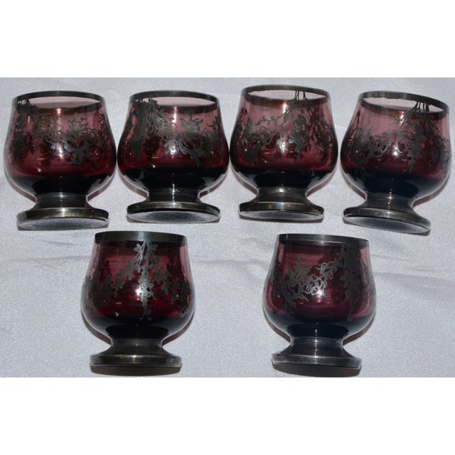 Early 20th Century Set of Six Amethyst With Silver Overlay Miniature Snifters For Sale In Nashville - Image 6 of 7