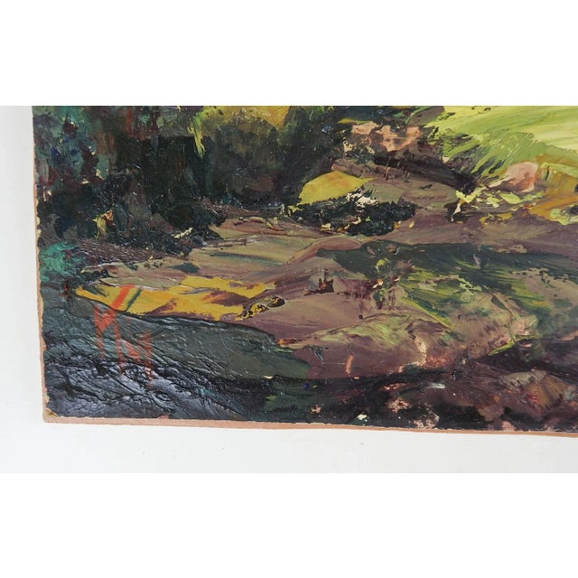 Mid 20th century oil on artist board modernist landscape painting. Heavy impasto application, signed illegibly lower left...