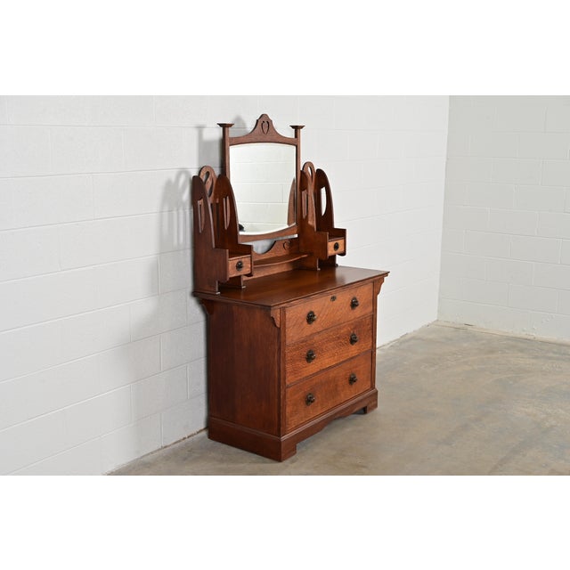 Liberty & Co. Liberty & Co. Antique English Mission Oak Arts & Crafts Vanity Dresser With Mirror, Circa 1900 For Sale - Image 4 of 15