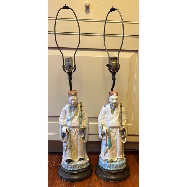 Antique Early 20th Century Chinese Pottery Figures of Musician Attendants With Flutes Mounted as Table Lamps - A Pair For Sale - Image 9 of 9