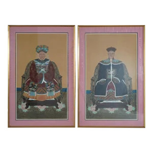 Pair of Chinese Deity Colored Prints With Gilt Frames Mid 20th Century
