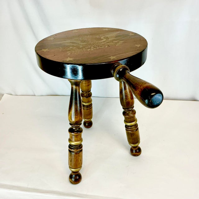 1950s Vintage Americana Rustic Boho Chic 3-Leg Wooden Stool With Handle, Eagle & Stars For Sale - Image 4 of 9