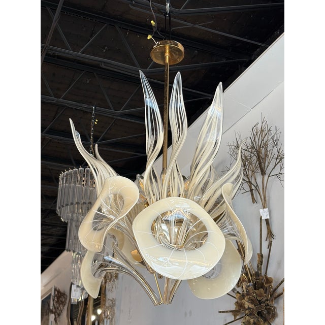 Vintage Mazzega Murano Italian Glass Calla Lily & Leaves 8 Light Chandelier For Sale - Image 10 of 12