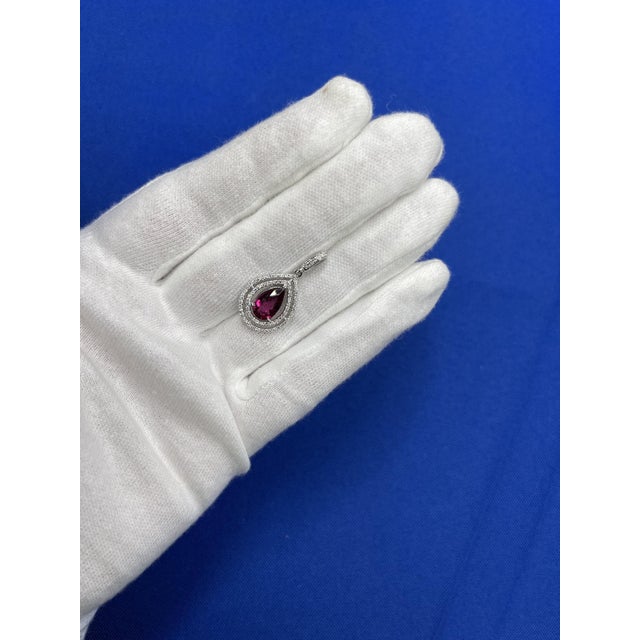 Pear Drop Shape Brilliant Cut Rubellite Pink Tourmaline Halo Set Diamond 14 Karat For Sale - Image 4 of 6