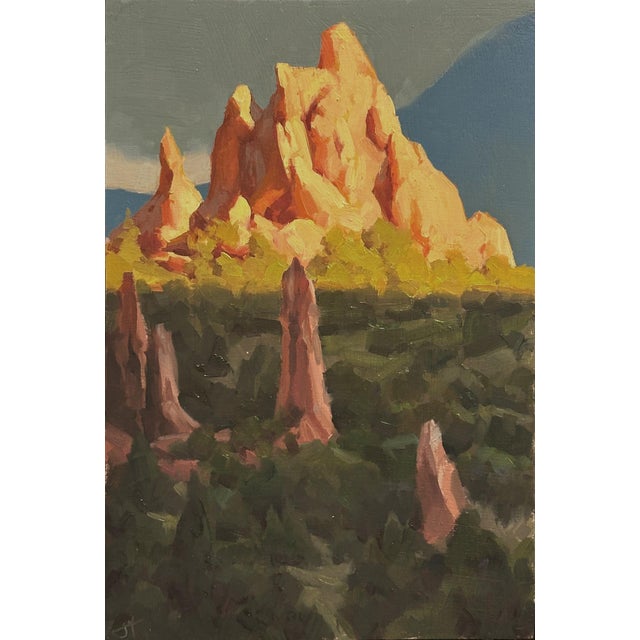 Illumination by Judd Mercer | Oil on Wood Panel Landscape of rocky formations with greenery For Sale