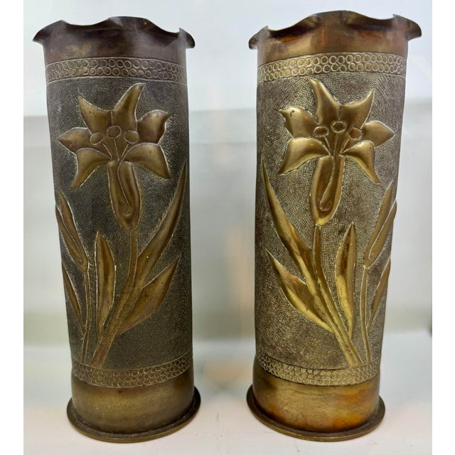 This Stunning Pair Of Copper Trench Art Vases Are Decorated With A Lily Floral Motif And Intricate Banding. These...