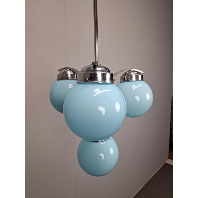 Czech Art Deco Blue Opaline Glass and Chrome 4-Light Chandelier, 1930s For Sale - Image 17 of 18