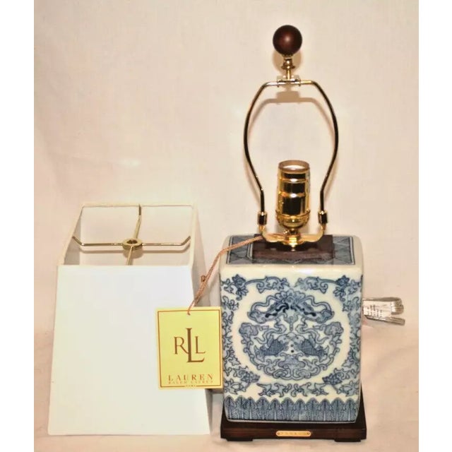 Lauren Ralph Lauren Vintage Lauren Ralph Lauren White and Blue Koi Fish Small Porcelain Table Lamp With Shade For Sale - Image 4 of 7