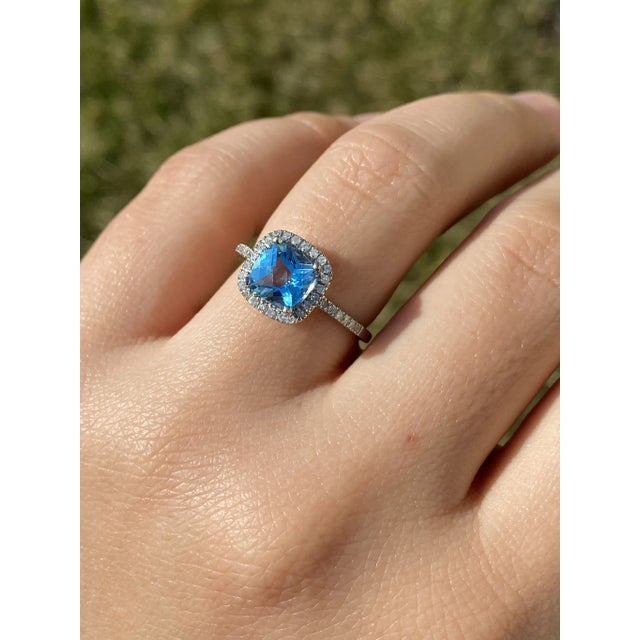 The San Bruno: Ladies 14K Checkerboard Cushion Cut Topaz and Diamond Halo Ring For Sale - Image 10 of 10