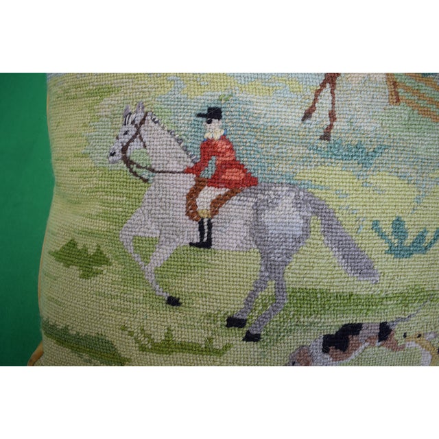 Hand-Needlepoint Fox-Hunt Scene Celadon Pillow For Sale - Image 4 of 5